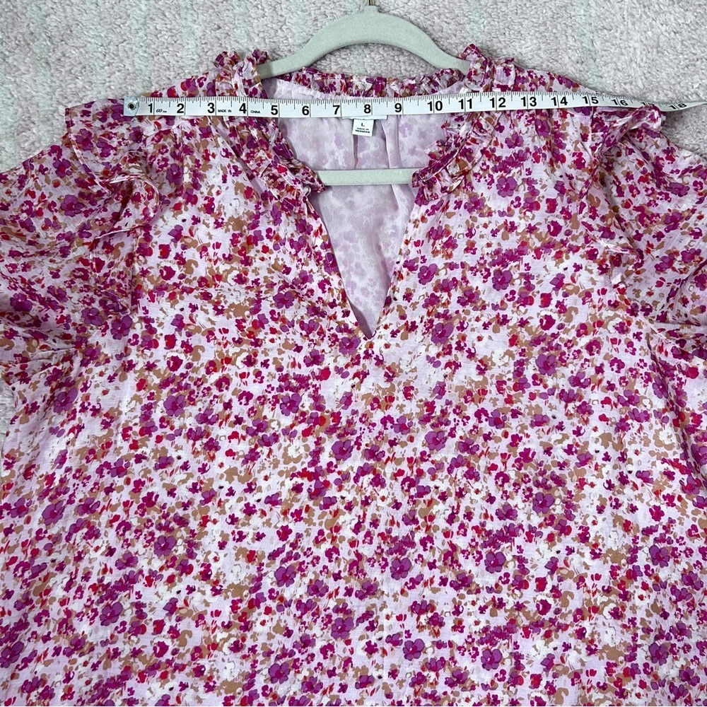 J. Crew Pink Floral Long Sleeve Ruffle Blouse Size Large Valentines Day Office - Picture 6 of 11